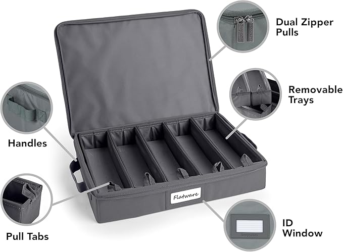 Covermates Keepsakes Flatware Storage Box - Stackable - Reinforced Handles - China Storage, Graphite