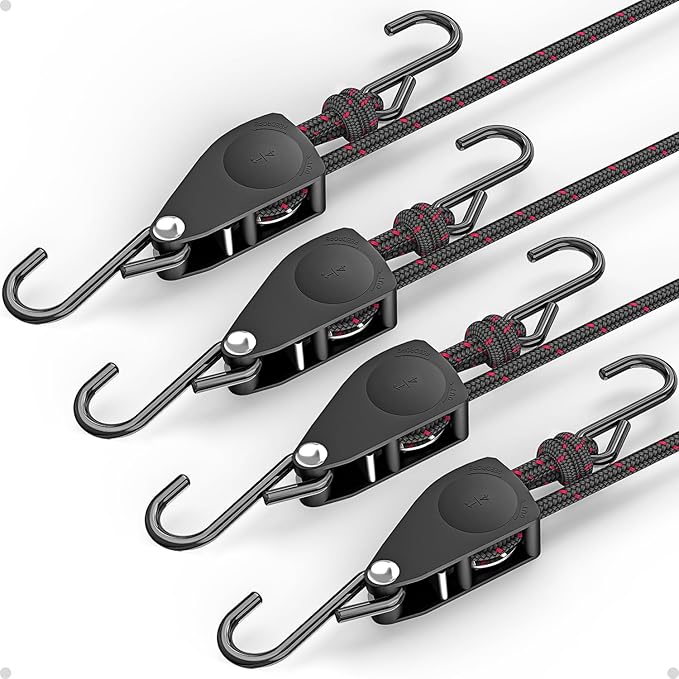 Fondwell 1/4" Rope Tie Downs Ratchet: 4 Pack of Kayak Storage Straps Heavy Duty - Ratcheting Cargo Straps for Various Hang...