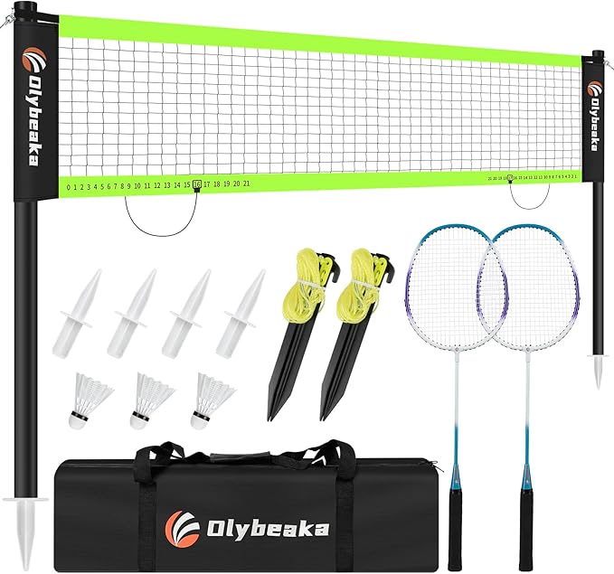 12ft Badminton Net Set for Backyard Beach with Durable Anti-Sagging Net, Heavy Duty Poles, 2 Aluminum Badminton Rackets, 3...
