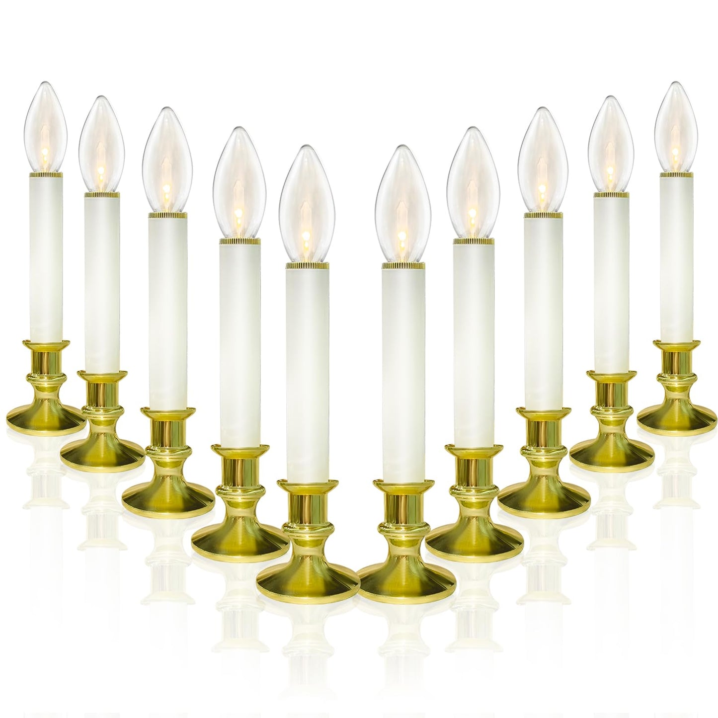 10 Pack Christmas Window Candles with 3V Ultra-Bright LED Warm White Bulbs, LED Battery Operated Window Candles, Gold Base, Flameless Candlestick for Indoor Christmas Window Table Mantel, Steady On