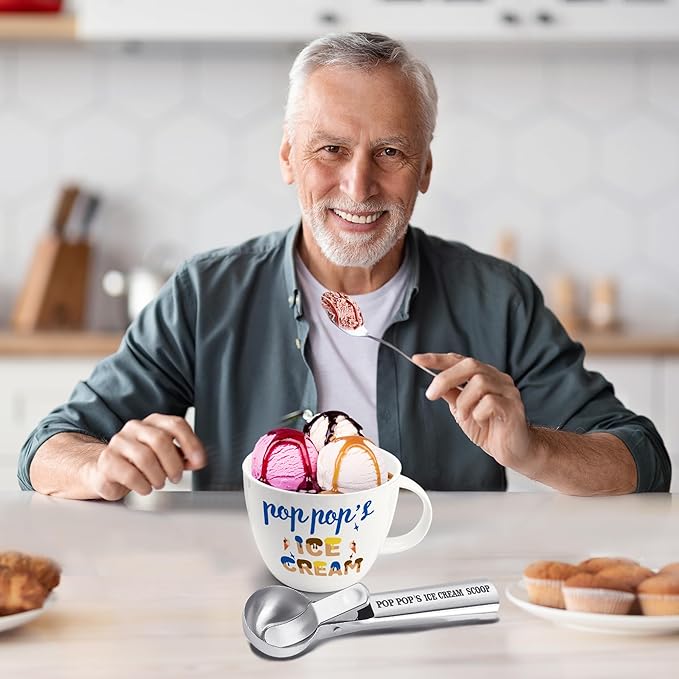 Pop Pop Gifts, Gifts for Pop from Grandkids on Christmas, Poppop's Ice Cream Bowl Scoop Shovel Spoon Set, Poppop’s Ice Cream Gift, Christmas Birthday Father's Day Pop Gift for Him Man
