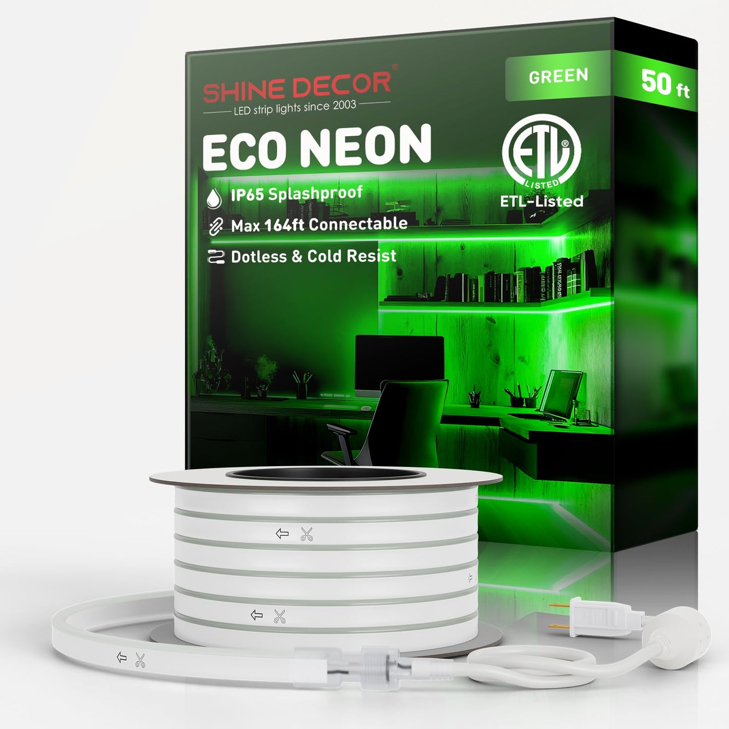 Shine Decor LED Neon Rope Lights, 50FT Flexible Outdoor Waterproof, Green, 120LEDs/M, PVC, Plug&Play, for Home & Commercial Use