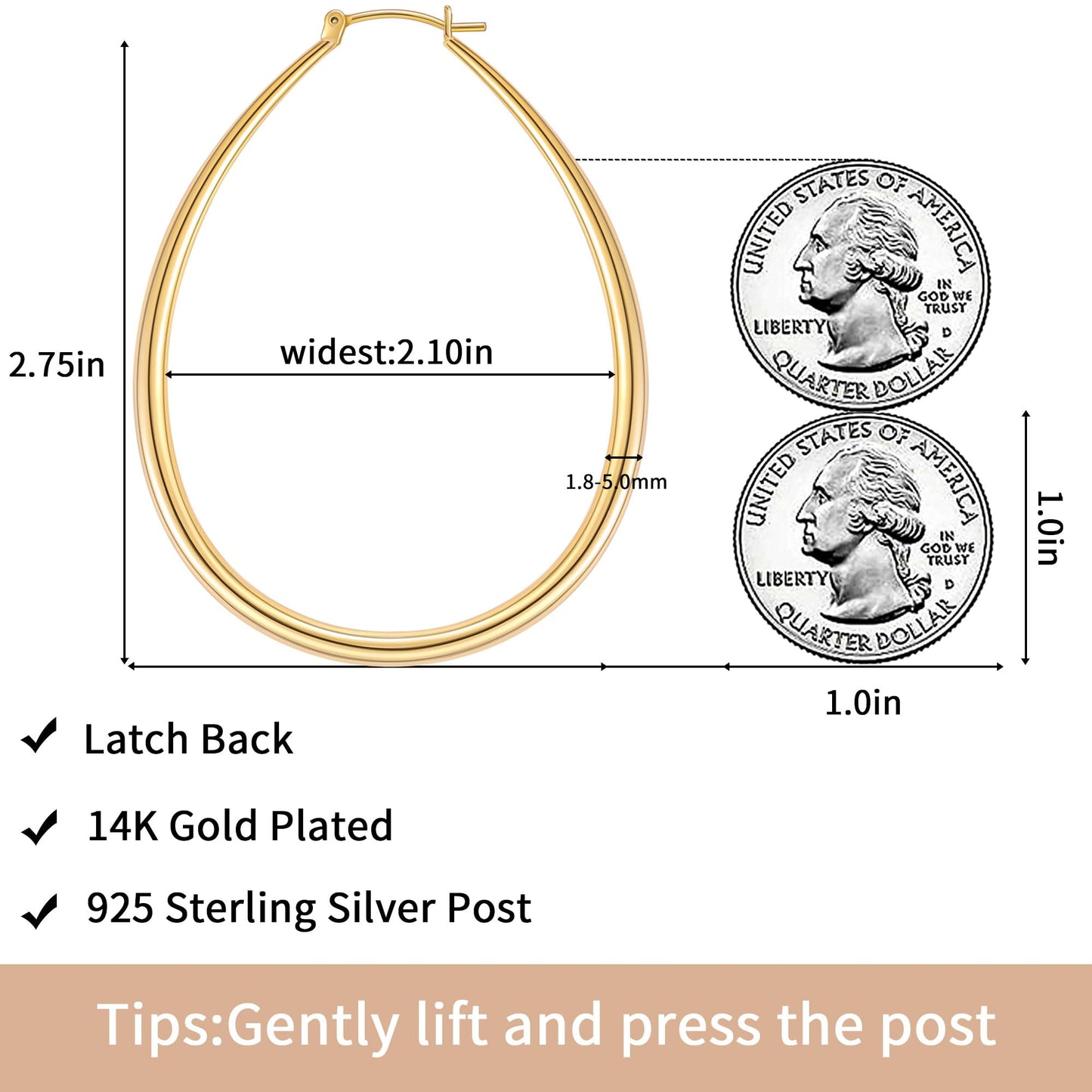 Gacimy Gold Chunky Hoop Earrings for Women, 14K Gold Plated Oval Hoop Big Earrings with 925 Sterling Silver Post, 70mm Yellow Co
