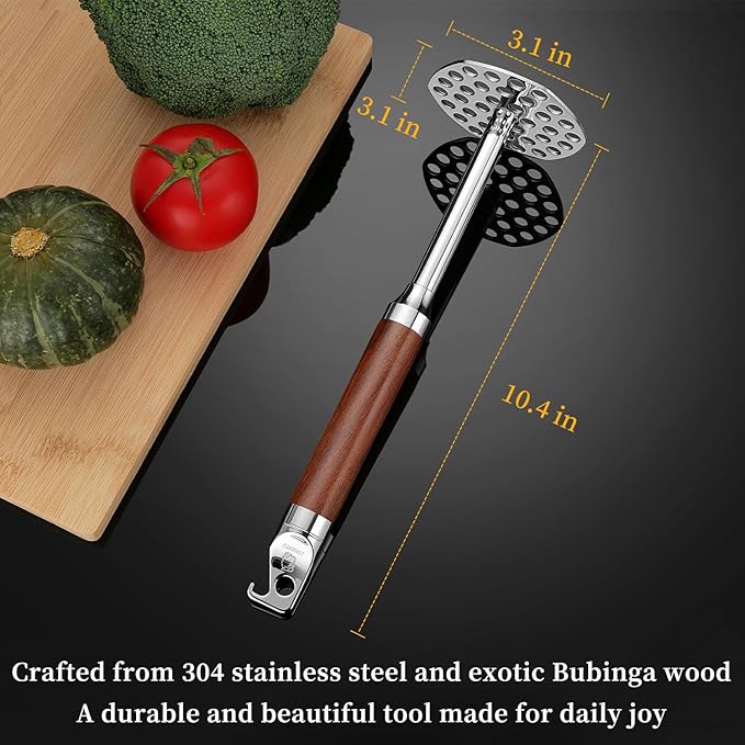 Stainless Steel Potato Masher with Solid Wood Handle, Multifunctional Food Masher with Bottle Opener Hook, Durable 10.4 inch Kitchen Tool for Potato, Veggie, Fruit, Avocado