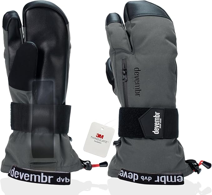 devembr Three-Finger Ski Gloves with Wrist Guards, Warm Snowboarding Gloves (Black/Gray)