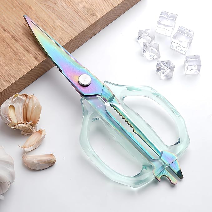 Jasni Transparent Handle Stainless Steel Sharp Powerful Kitchen Scissors Multi-Purpose Heavy Duty Food Scissors Kitchen Shears Chicken Poultry bone fish scales (Green handle color blade)