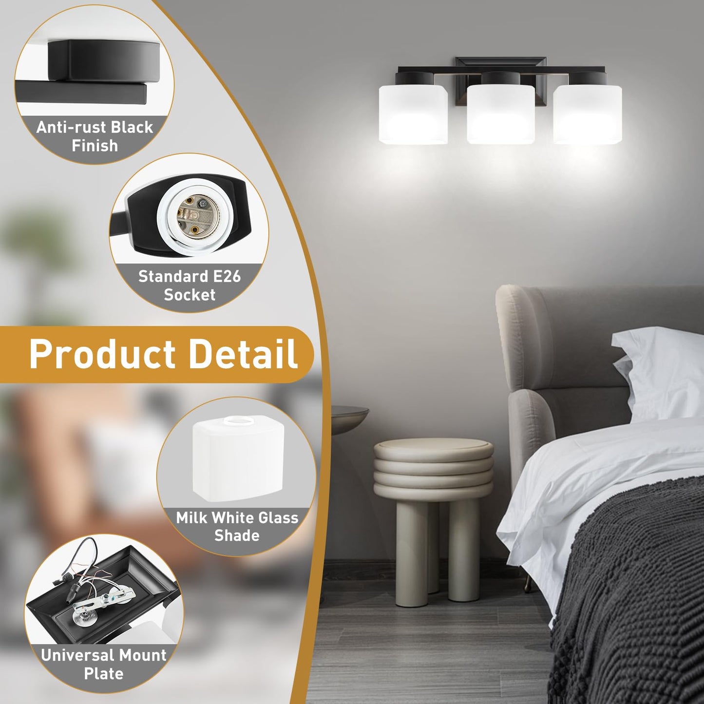 Ejiaxin 3-Light Bathroom Light Fixtures - Black Bathroom Vanity Lights With Frosted Glass Shade Modern Bathroom Lighting Fixtures Over Mirror - Wall Sconce Lamps For Bedroom Living Room Hallway