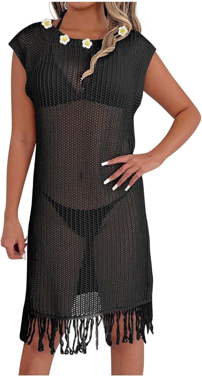 Pbawab Crochet Swimsuit Cover Up for Women Bathing Suit Cover Ups Sexy Knit Swimwear Coverups Cap Sleeve Beach Cover Up