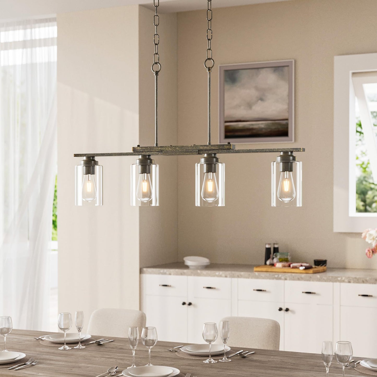 Vonluce Kitchen Island Lighting  4-Light Dining Room Light Fixture Over Table With Glass Shade And Adjustable Rods  Farmhouse Linear Chandelier For Kitchen Living Room  Antique Black  Etl Certificated