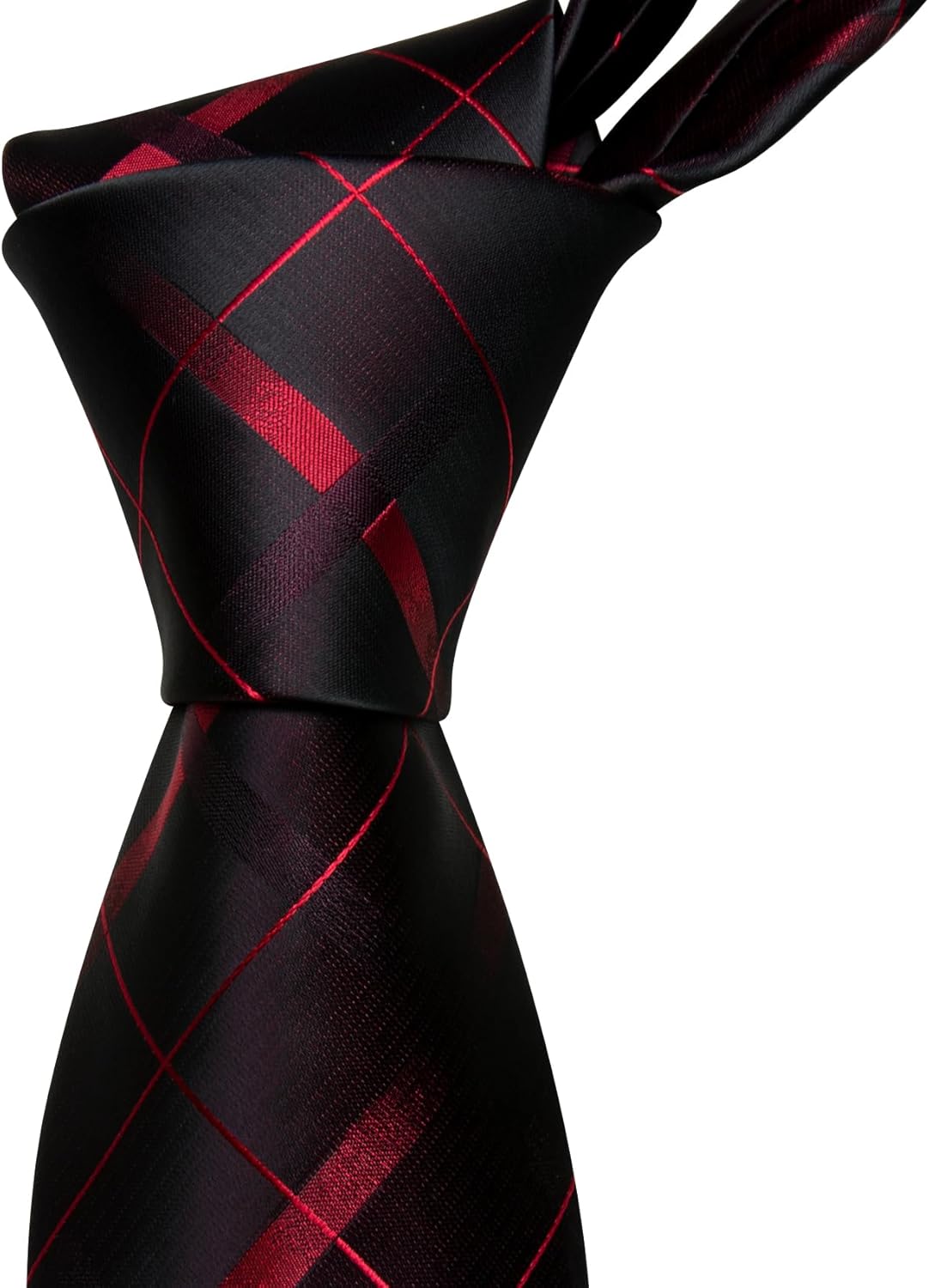 Barry.Wang Designer Classic Ties for Men Set Formal Pocket Square Cufflink Check Plaid