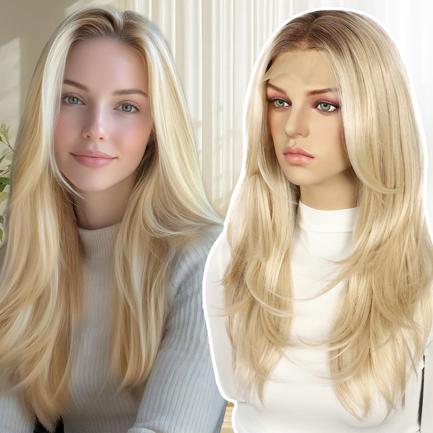BABEHERS Blonde Synthetic Lace Front Wig, 13x4 Straight Highlight Layered Wigs for Women Pre-plucked Natural Hairline Heat Resis