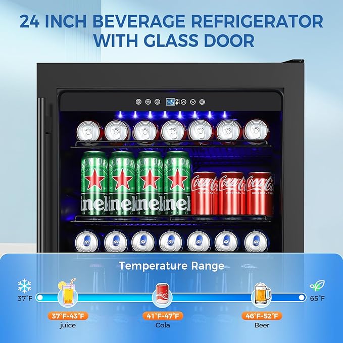 24 Inch Wide Beverage Refrigerator, Under Counter Beverage Cooler with Glass Door, 180 Cans Drink Fridge Built-in/Freestanding Beer Fridge with Powerful Cooling for Home/Kitchen, Black