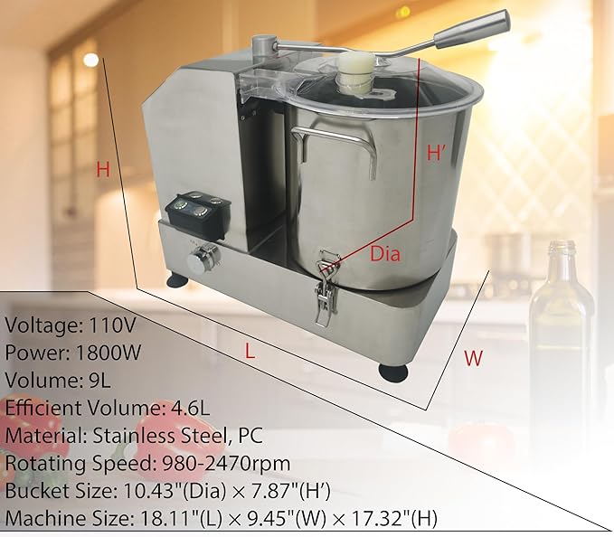 9L Commercial Electric Vegetable Meat Chopper, 1800W Food-Grade Stainless Steel Food Processor Chopper Blender for Meat, Vegetables, Fruits, Ginger, Garlic, Nuts