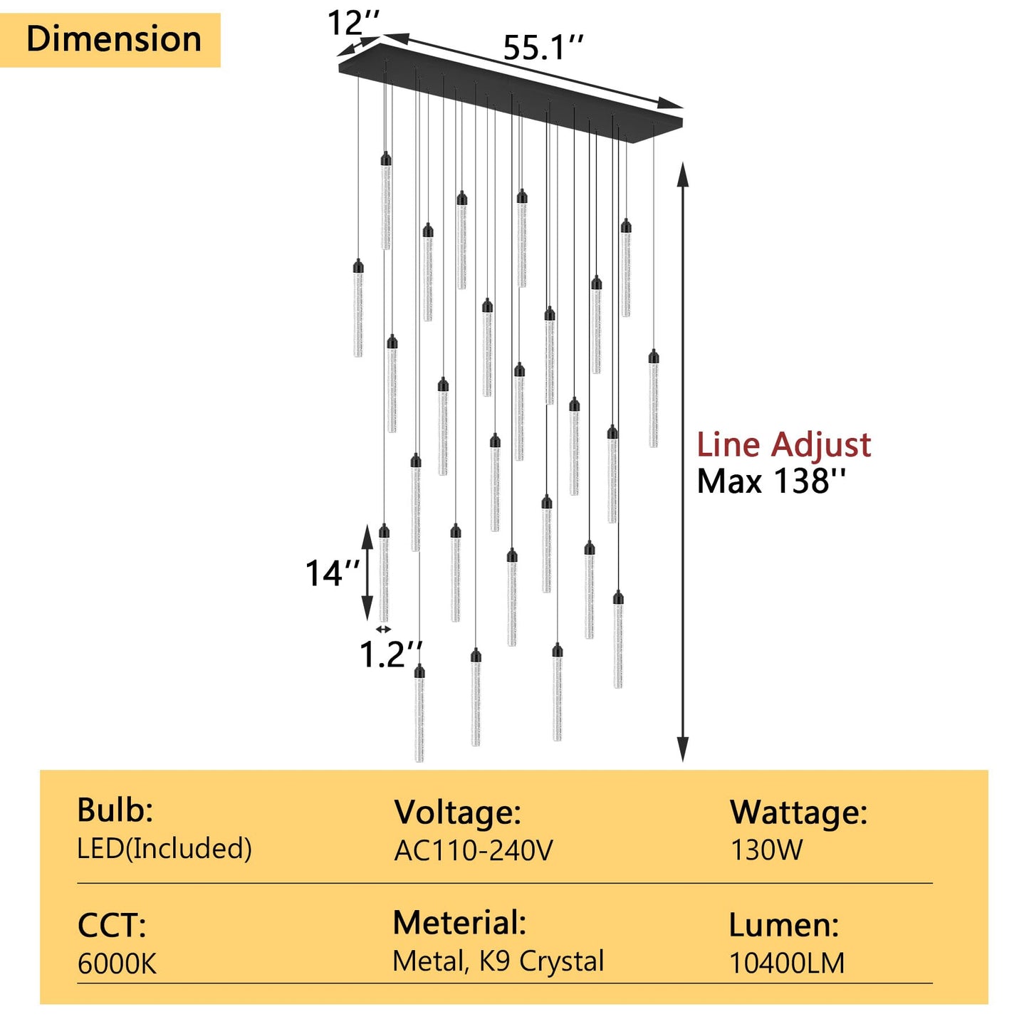Rectangular Chandeliers 26-Lights Long Light For Entryway Led Dimmable Chandeliers Lighting Fixture Flat Sloped High Ceiling Pendant Lights Crystal For Living Room Foyer Hallway Staircase Black