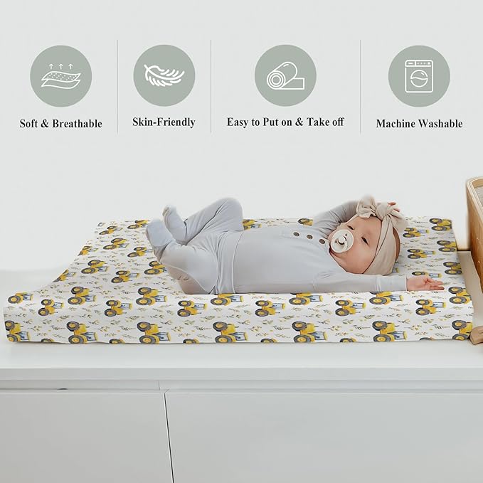 Watercolor Yellow Tractors Baby Changing Pad Covers for Boy Girl Farm Tractors Boho Leaves Fitted Change Table Mats Farm Life Soft Diaper Change Table Cover Sheets for 32''×16'' Contoured Pad