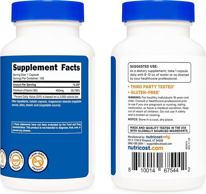 Nutricost Vitamin B2 (Riboflavin) 400mg, 120 Capsules (2 Bottles)