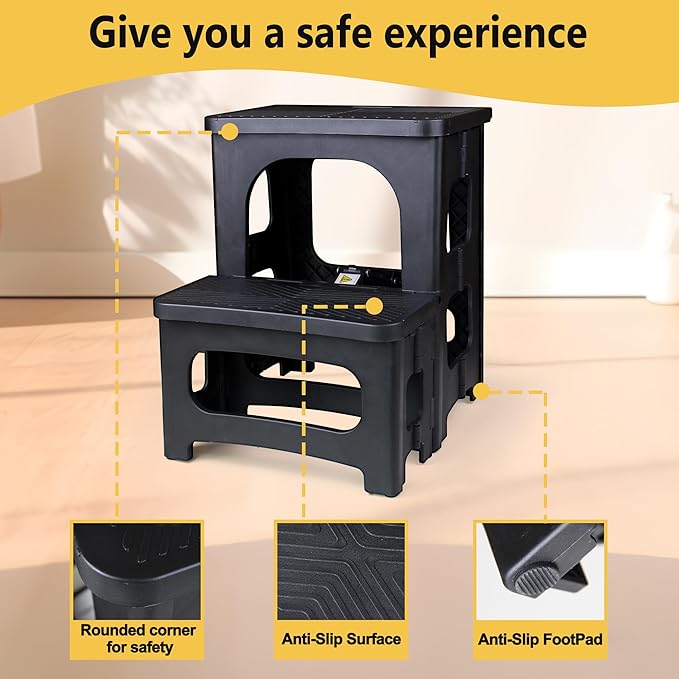 Amoise Folding 2-Step Stool, Non-Slip Portable Footstool 8'' & 17'' Dual Heights, Holds 300 lbs, Portable Footstool for Kitchen Home Toilet Bedroom Office Bathroom RV(Black)