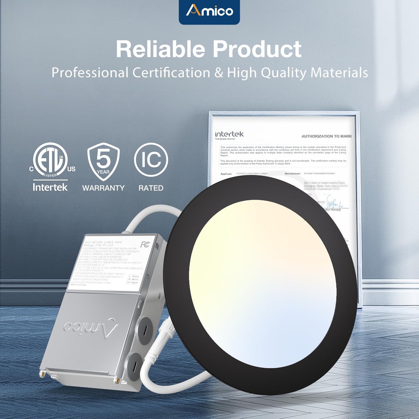 Amico Ultra-Thin LED Recessed Ceiling Light, 6 Inch, 5CCT Selectable, Dimmable, 1050LM, Black, Model HS-STC512WH