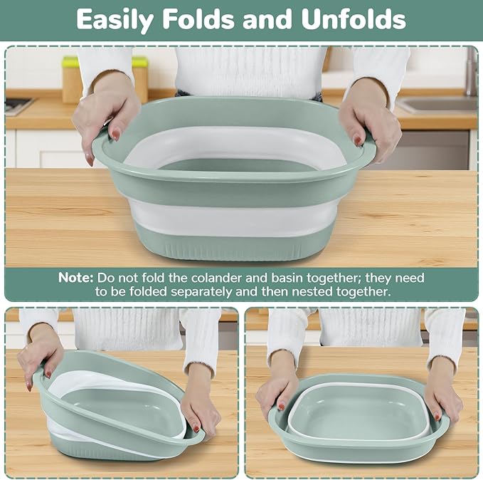 Collapsible Colander and Sink Basin Set - 2 in 1 Collapsible Colander Strainer with Collapsible Wash Basin for Kitchen, RV Camping, Foldable Fruit Vegetable Washing Basket, 2 QT, Blue