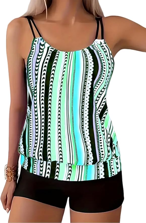 ZAFUL Two Piece Tankini Swimsuit for Women Tummy Control Bathing Suit with Boy Shorts Blouson Swimwear