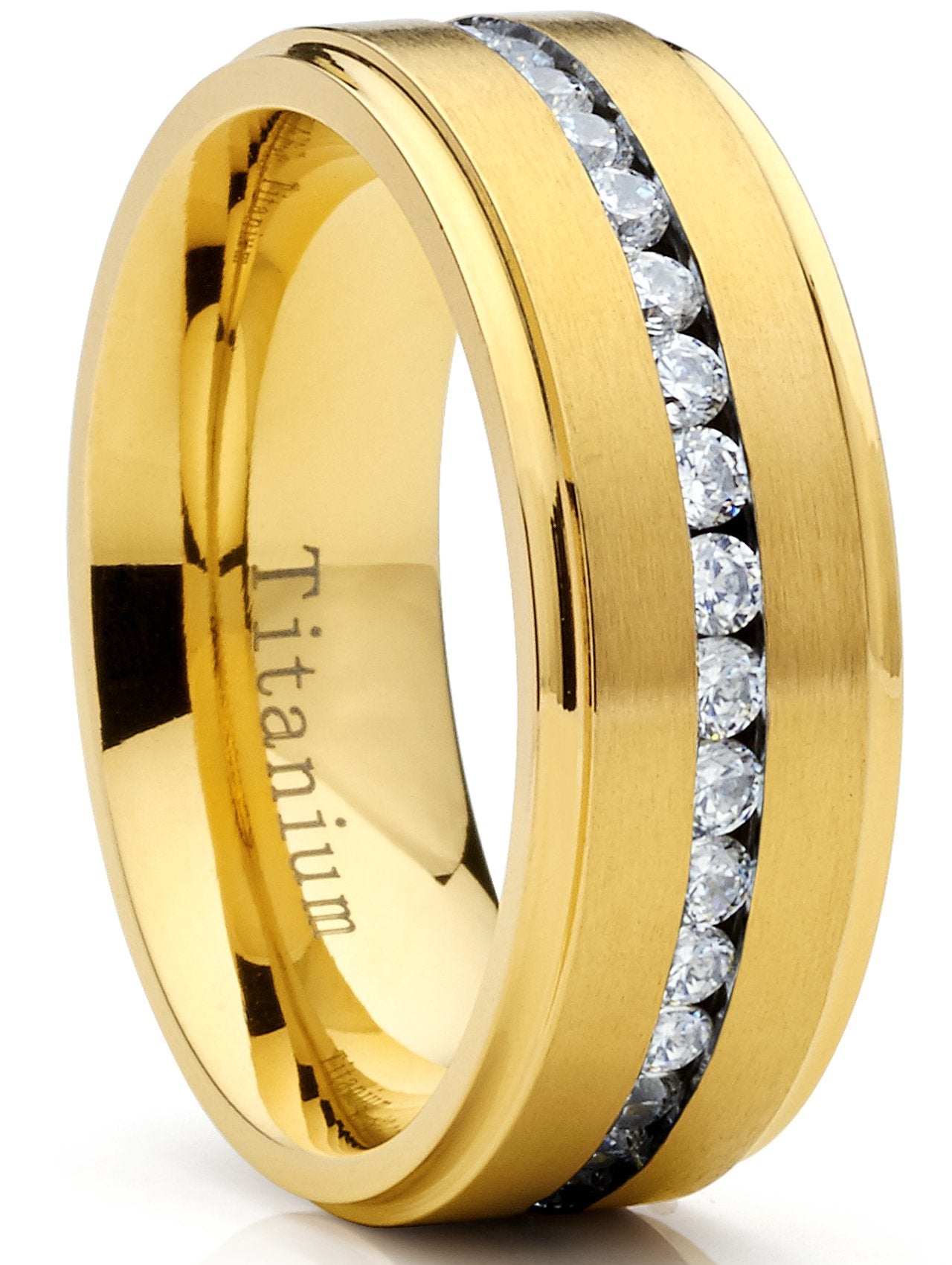 Metal Masters GoldTone Titanium Men's Eternity Wedding Band Ring with Cubic Zirconia CZ, Comfort Fit 8mm SZ 11.5