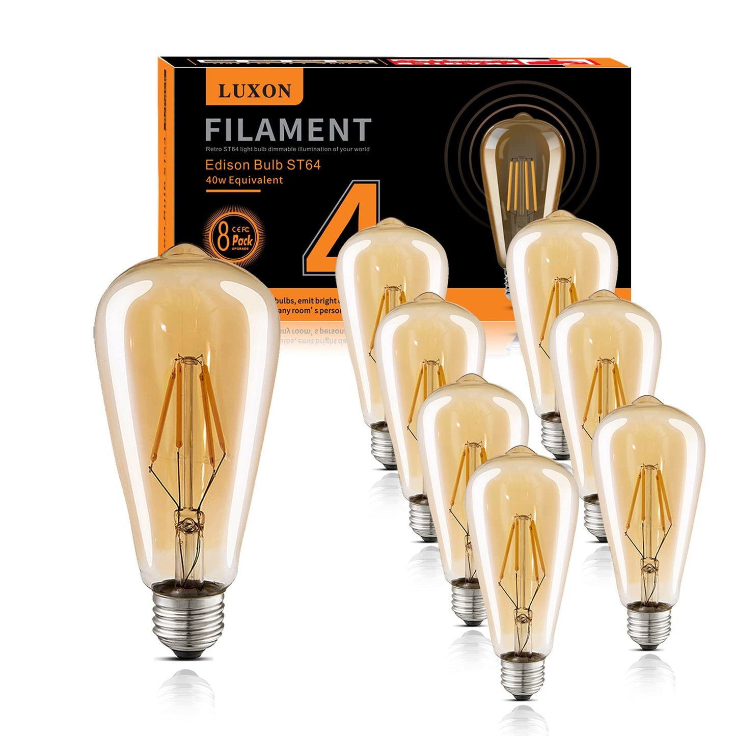 Luxon Dimmable Led Edison Bulb, 4W (40W Equivalent), 2700K Warm White, Amber Glass, E26 Base, 8-Pack