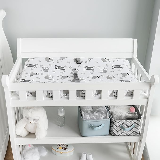 100% Cotton Changing Pad Cover for Baby Boys and Girls, Chevron - Breathable Bassinet, Mini Crib Mattress Fitted Sheets - Little Sloth, 32"x16" with 8" Deep Pocket, White-Grey, 2 Pack