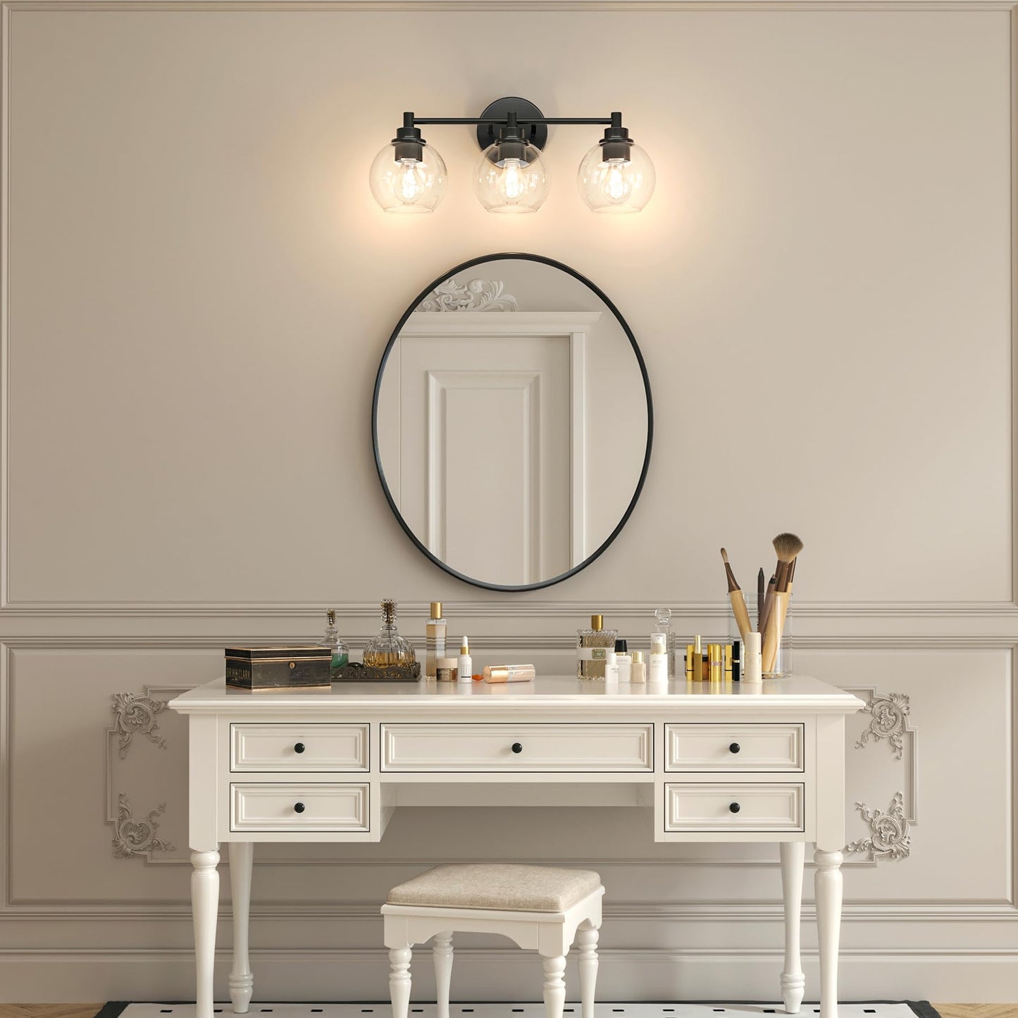 VONLUCE Bathroom Light Fixtures, 3-Light Vanity Light with Globe Glass Shades E26 Sockets, Bathroom Lights Over Mirror for Bedroom Hallway Living Room, Black Finish