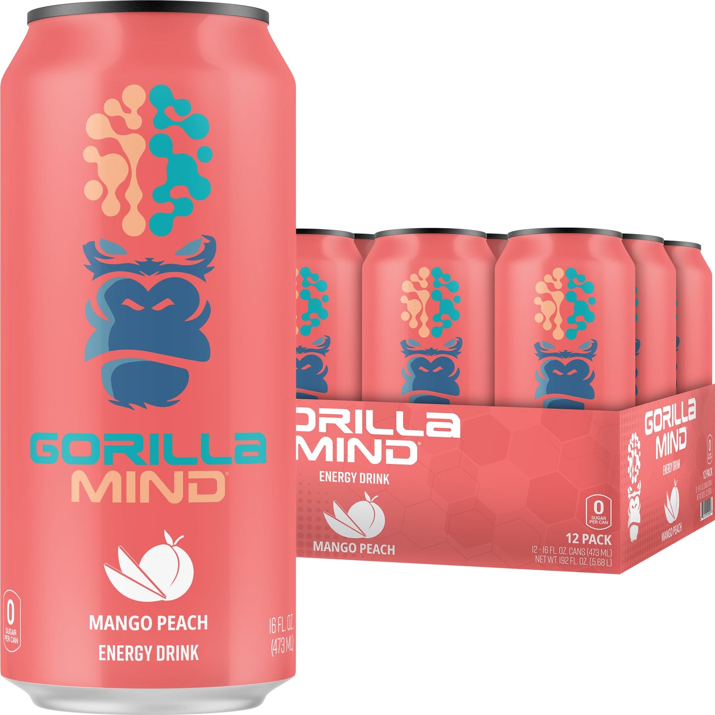 Gorilla Mind Energy Drink | Unmatched Energy  Amplified Focus | N-Acetyl-L-Tyrosine  Alpha-GPC  200mg Caffeine  Uridine  Saffron | 0 Sugar Or Artificial Colors | 16oz  12-Pack (Mango Peach)