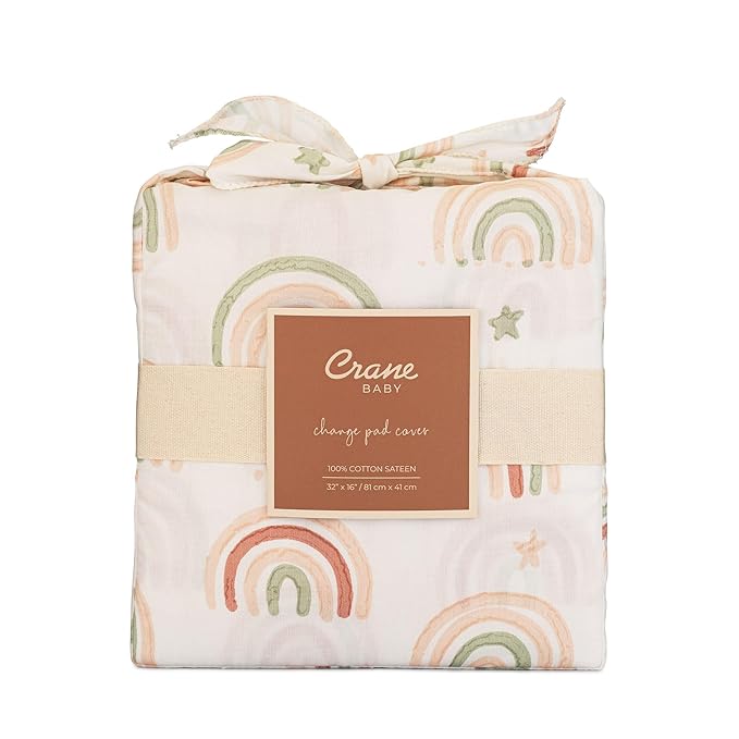 Crane Baby Quilted Changing Pad Cover, 100% Cotton Sateen, 16 X 32, Secure Elastic Fit, Machine Washable, Pink Rainbow Nursery Decor for Girls