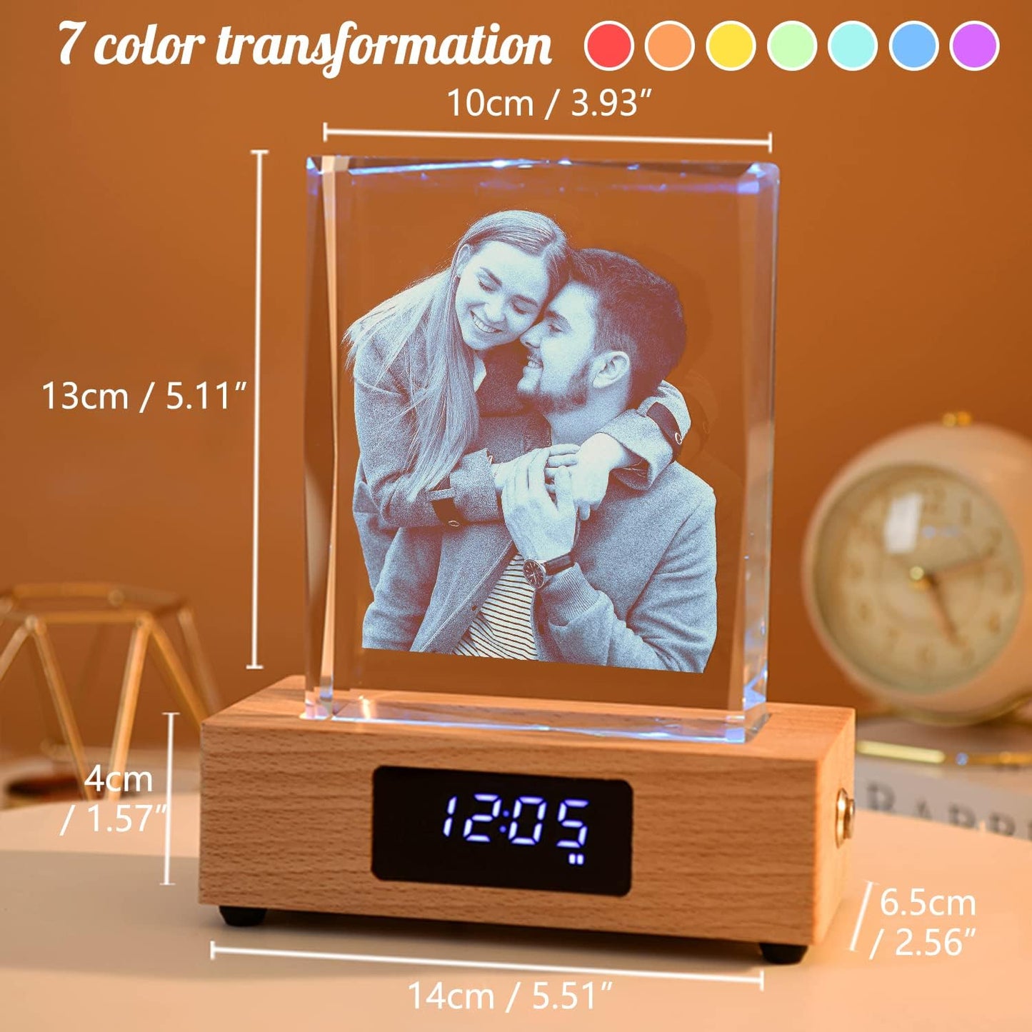Crystal Print with Your Photo, Office Desk Decor Personalized Picture Gift Glass Clear Frame with Bluetooth Clock Colors LED Light Change Mood Light