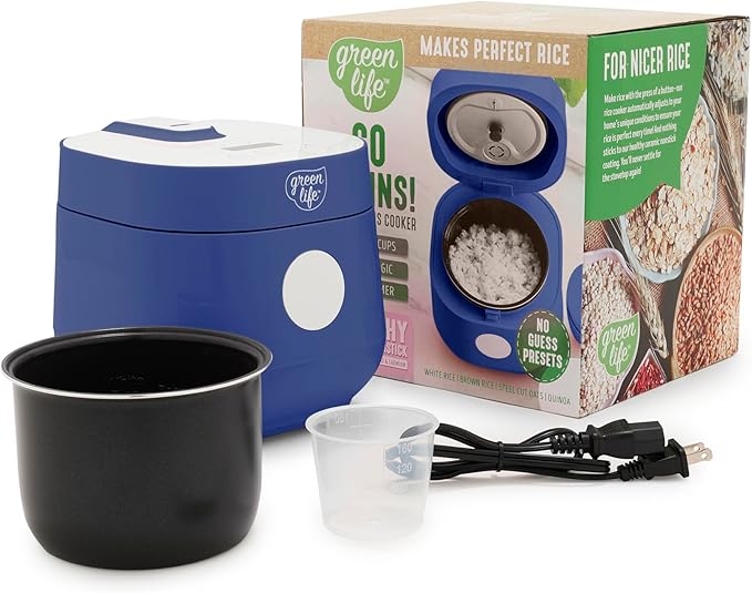 GreenLife Digital Rice Cooker, 2-Cups Uncooked/4-Cups Cooked, Removable Nonstick Ceramic PFAS-Free Pot, One-Touch Presets, Oats, Quinoa, Brown Rice, Auto Keep Warm, Fuzzy Logic Tech, 1.5QT, Navy Blue