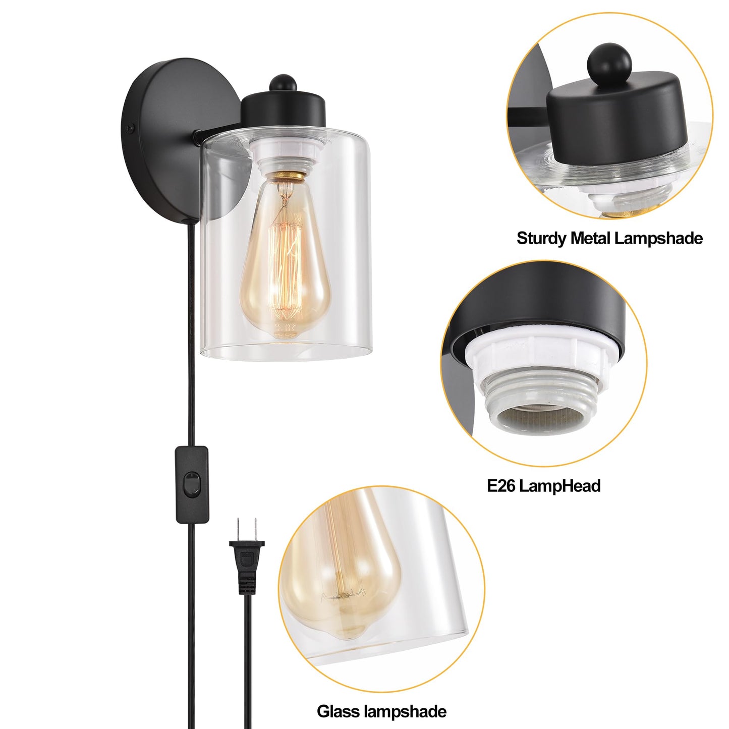 KENMI Metal Wall Sconces, 2 Pack Matte Black Bathroom Lighting, Clear Glass Shade, Model W12W