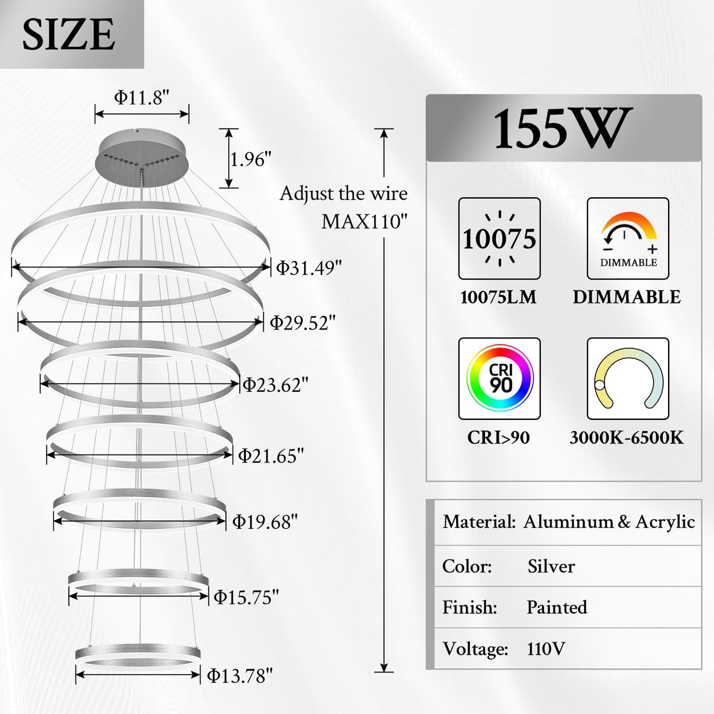 Sparklelf Modern LED Chandelier, 7 Rings 31.5in, Dimmable, Remote Control, Silver Finish, for High Ceilings, Entryway, Dining Room