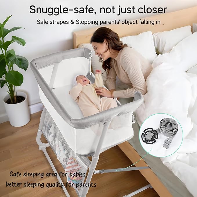 Cowiewie Bassinet Bedside Sleeper,Baby Bassinets Higher Place on Bed,5-Position Adjustment Baby Crib,Breathable 360°All-Around Mesh Sides Bedside Bassinet,Space-Saving Bedside Cribs, (Light Grey)