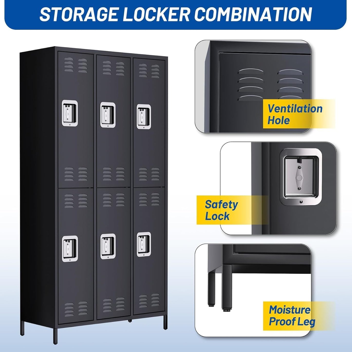 MERXENG Metal Storage Locker with 6 Doors, Metal Locker for Employees with 18 Hooks for Garage School Office Gym Home, Assembly Required, Black