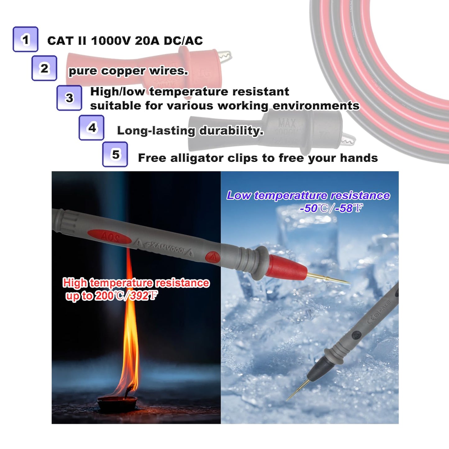 Eiranoly Professional Multimeter Test Leads 1000V 20A, 40.5in, Test Leads Kit, Ultra-Sharp Gold-Plated Probes, Silicone Meter Leads for Fluke, AstroAI, Klein Multimeter & Automotive Testing (Upgraded)