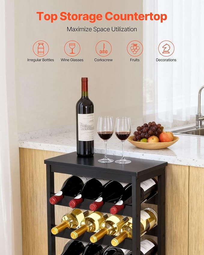 VEVOR 24 Bottle Wine Rack, 6-Tier, Freestanding Floor Display Wine Storage Shelves with Table Top, Easy Assembly Rack Shelf, Premium Material, for Kitchen Cellar Bar Dining Room Living Room, Black