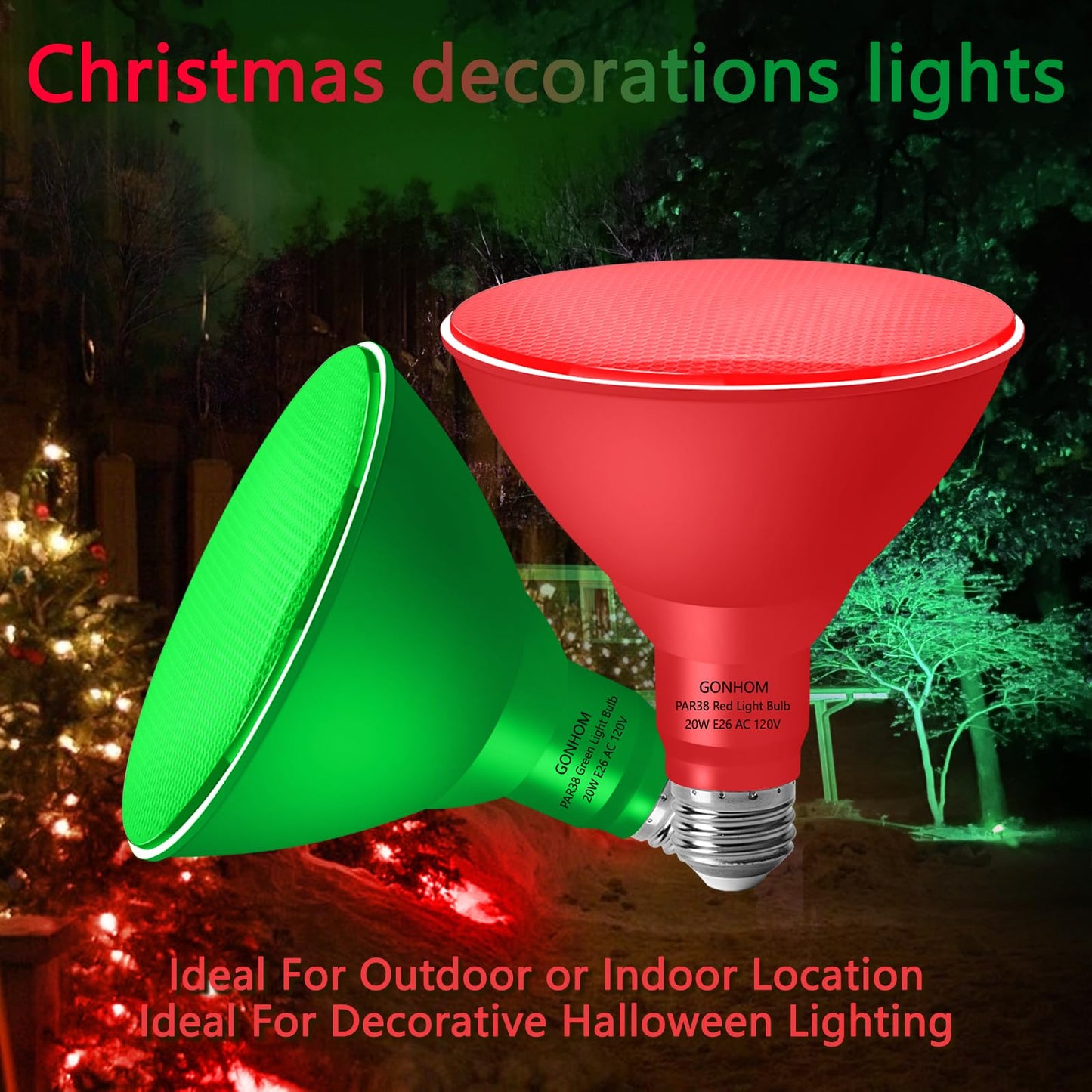 Gonhom Par38 Flood Lights Outdoor Dimmable Led Flood Light Bulbs 20W(Equivalent To 200W) E26 Base Outdoor Porch Holiday Lighting Led Flood Light Bulb For Halloween Christmas 4 Pack Red Green