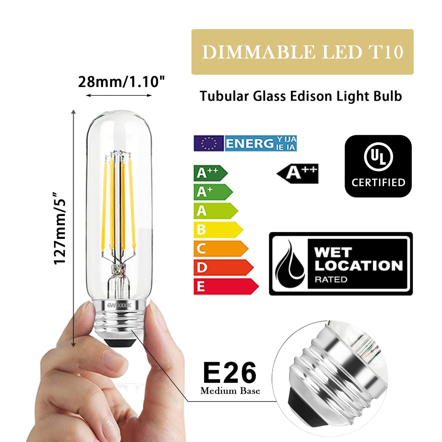 Novelux 5 Inch E26 Led Bulb Equal 80 Watt  3000K Warm White Edison Bulb 6W Dimmable  800Lm T10 T9 Clear Glass Tubular Light Bulbs Ac 120V For Chandelier Pipe Pendant Wall Light - Ul Cert 4Pack