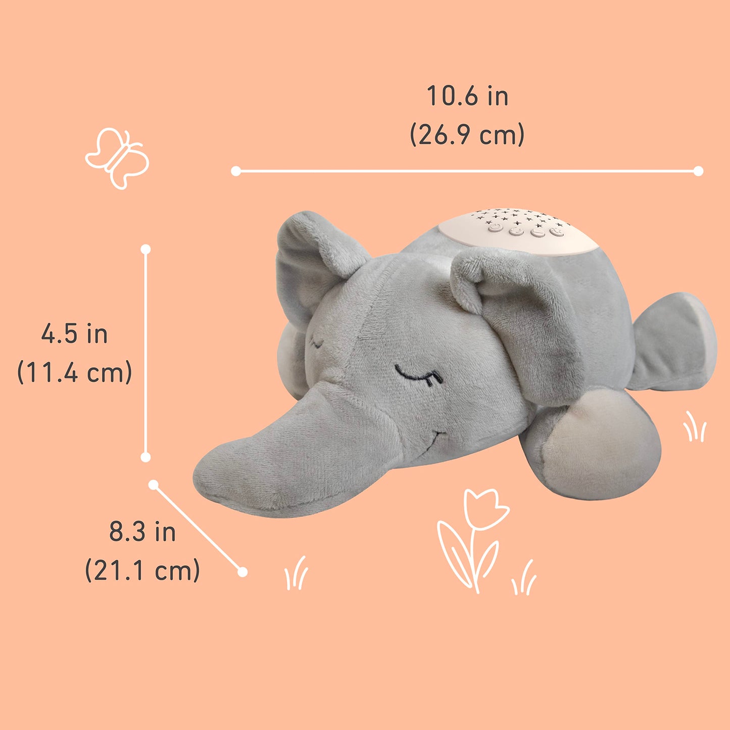 PureBaby Sound Sleepers Portable Sound Machine & Star Projector - Plush Sleep Aid for Baby and Toddlers with Soothing Night Light Display, 10 Lullabies, White Noise, and Heartbeat Sounds (Elephant)