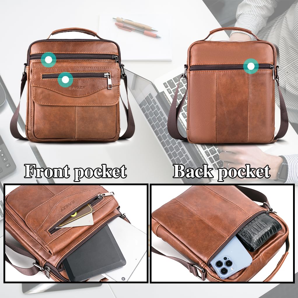 BAGZY Leather Messenger Bag for Men Shoulder Bag for Mens Handbag Crossbody Bag Large Sling Bags for 11 inch IPad Travel Business with Adjustable Shoulder Strap Brown