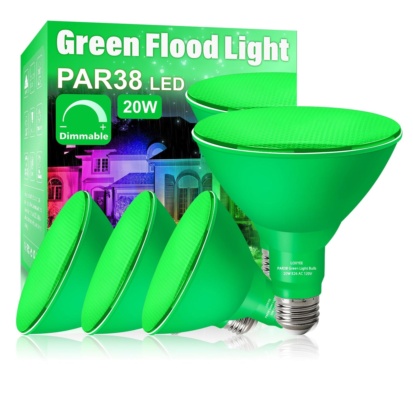 LOXYEE PAR38 Flood Light Bulb 20W Equivalent, Dimmable, E26 Base, Green, 4 Pack
