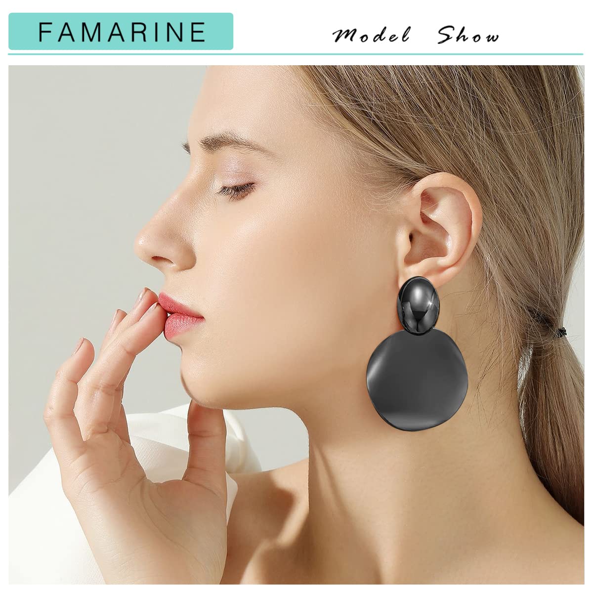 FAMARINE Black Big Disc Statement Earrings Smooth Round Hammered Dangle Earrings for Women Earrings Fashion Jewelry