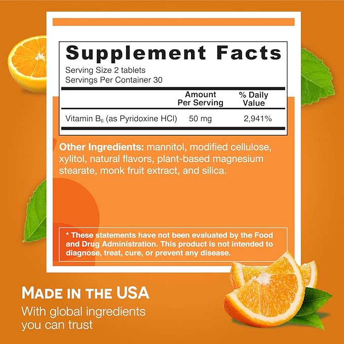 EZ Melts Dissolvable Vitamin B6 50 mg, Sugar-Free, 1-Month Supply