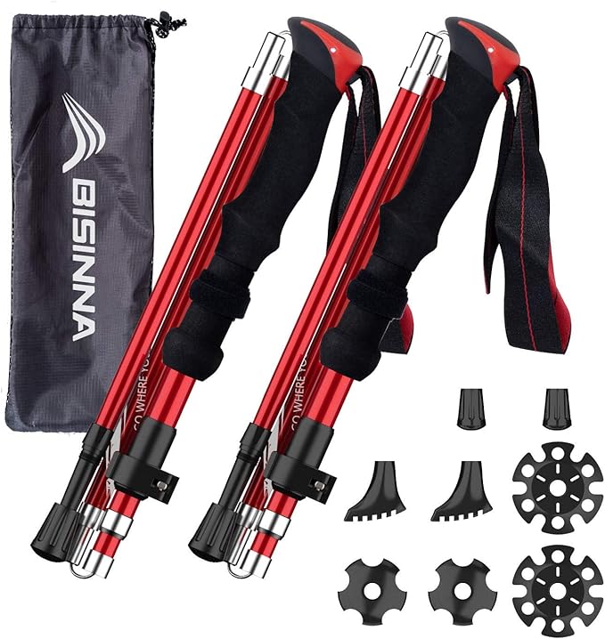 BISINNA Collapsible Trekking Hiking Poles- 2 Pack Folding Aluminum Walking Sticks with Quick Lock System 4 Season Accessor...
