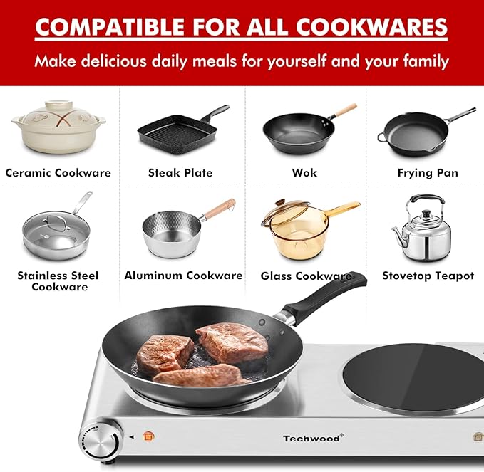 Hot Plate, Techwood Electric Stove Countertop Double Burners for Cooking Infrared Ceramic 1800W Dual Cooktops With Adjustable Temperature Control Brushed Stainless Steel Easy To Clean Upgraded Version