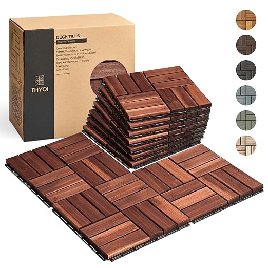 THYOI 10 Pcs Deck Tiles, Patio Flooring - Outdoor Waterproof Acacia Wood Tiles for All Weather Use - Balcony, Backyard, In...