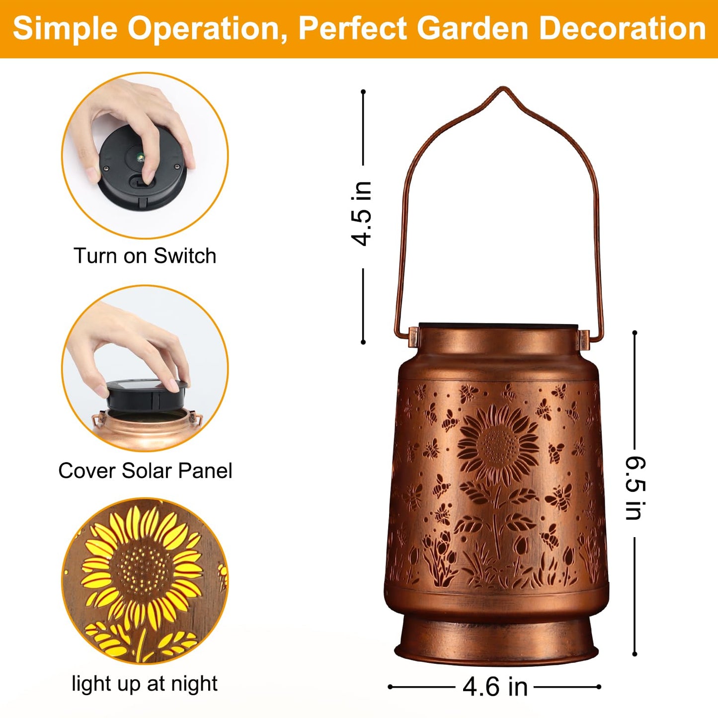 Solar Lantern Outdoor Hanging Waterproof Outside Metal Openwork Hummingbird Pattern Birthday Gifts For Women Mom Landscape Lights For Porch Garden Yard Patio Pathway Decor(Sunflower + Bee)