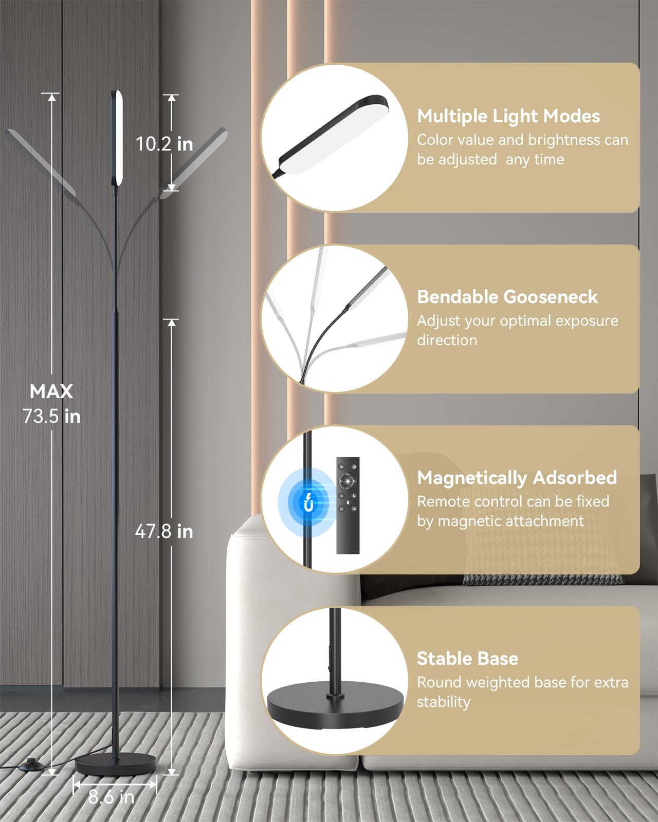 tigial Floor Lamp - 15W LED, Remote & Touch Control, Stepless Dimming, Adjustable Color Temperature, Black, Gooseneck Design